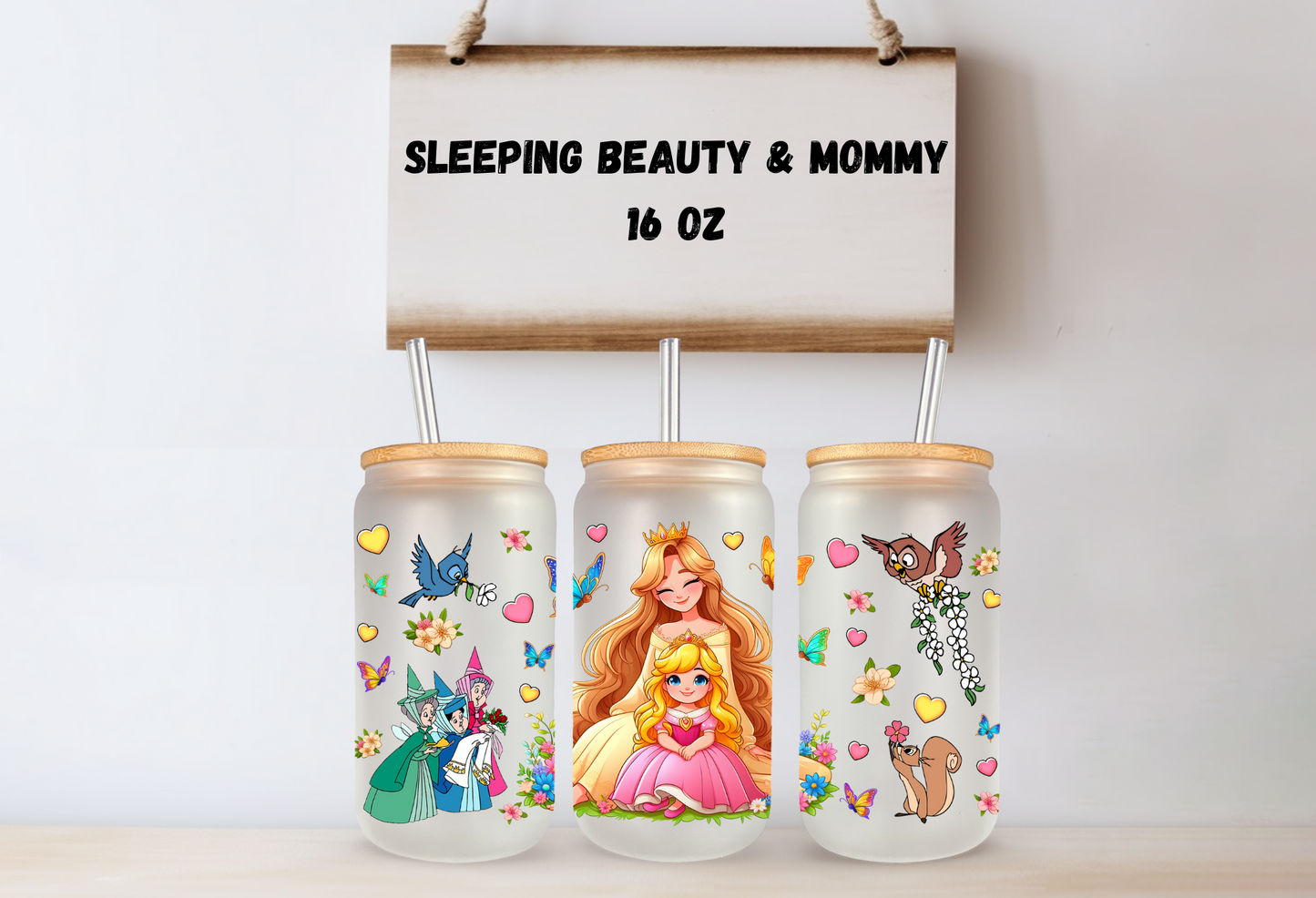 Sleeping Beauty & Mommy 16oz Frosted Glass