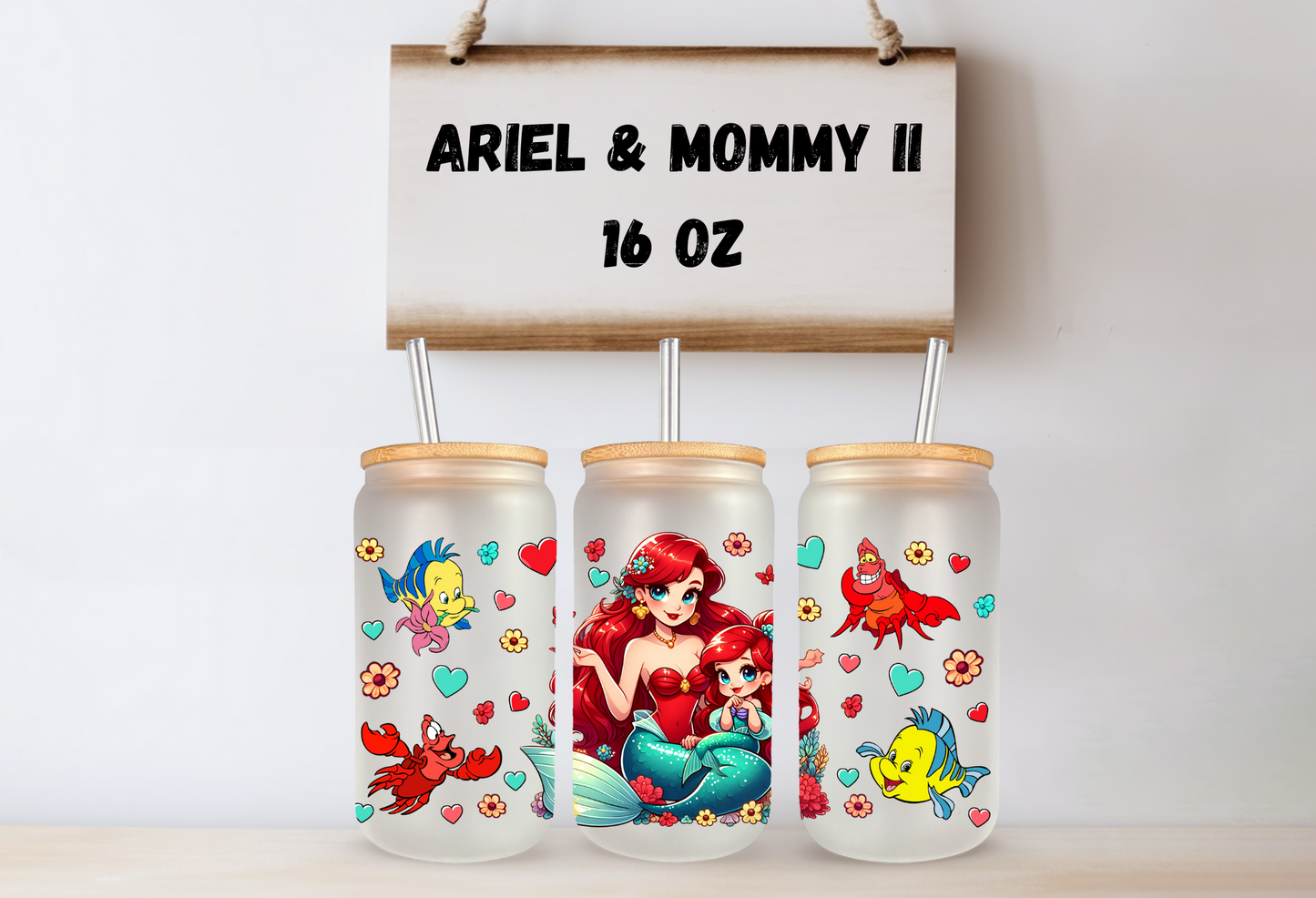 Ariel & Mommy II 16oz Frosted Glass