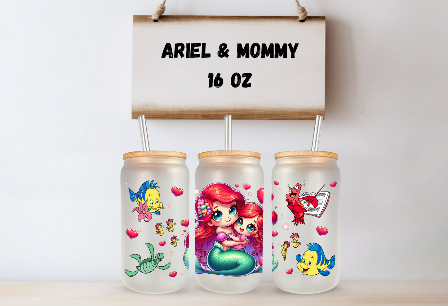 Ariel & Mommy 16oz Frosted Glass