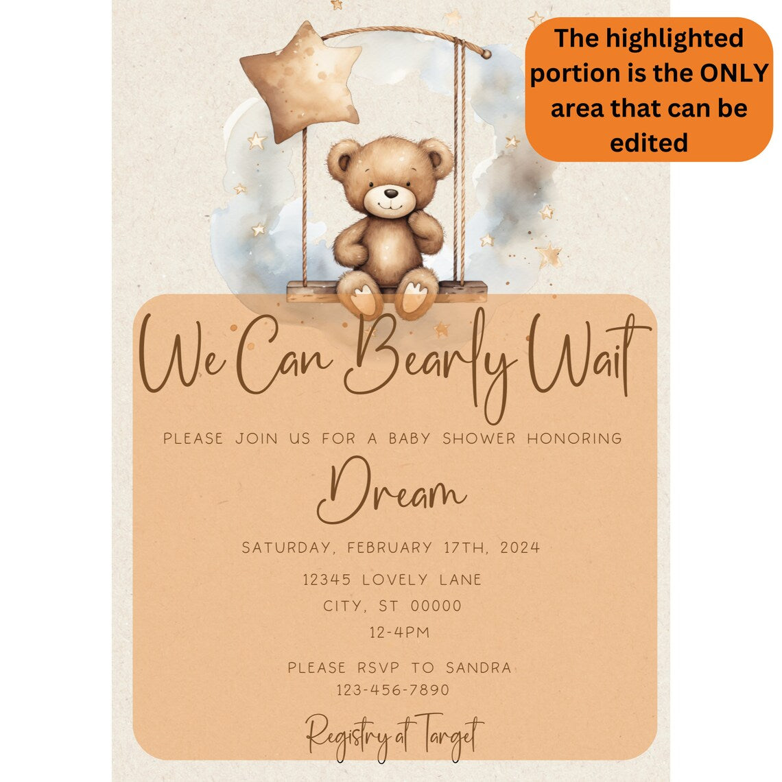 Baby Bear Gender Neutral Boho Theme Editable Invitation Template