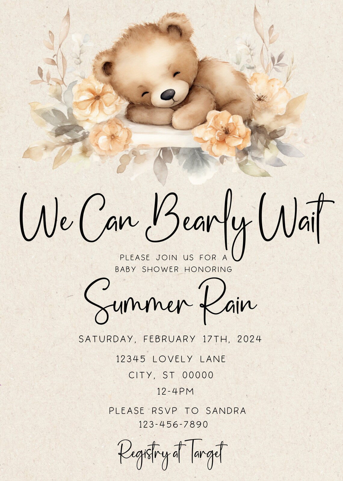 Baby Bear Girl Boho Theme Editable Invitation Template