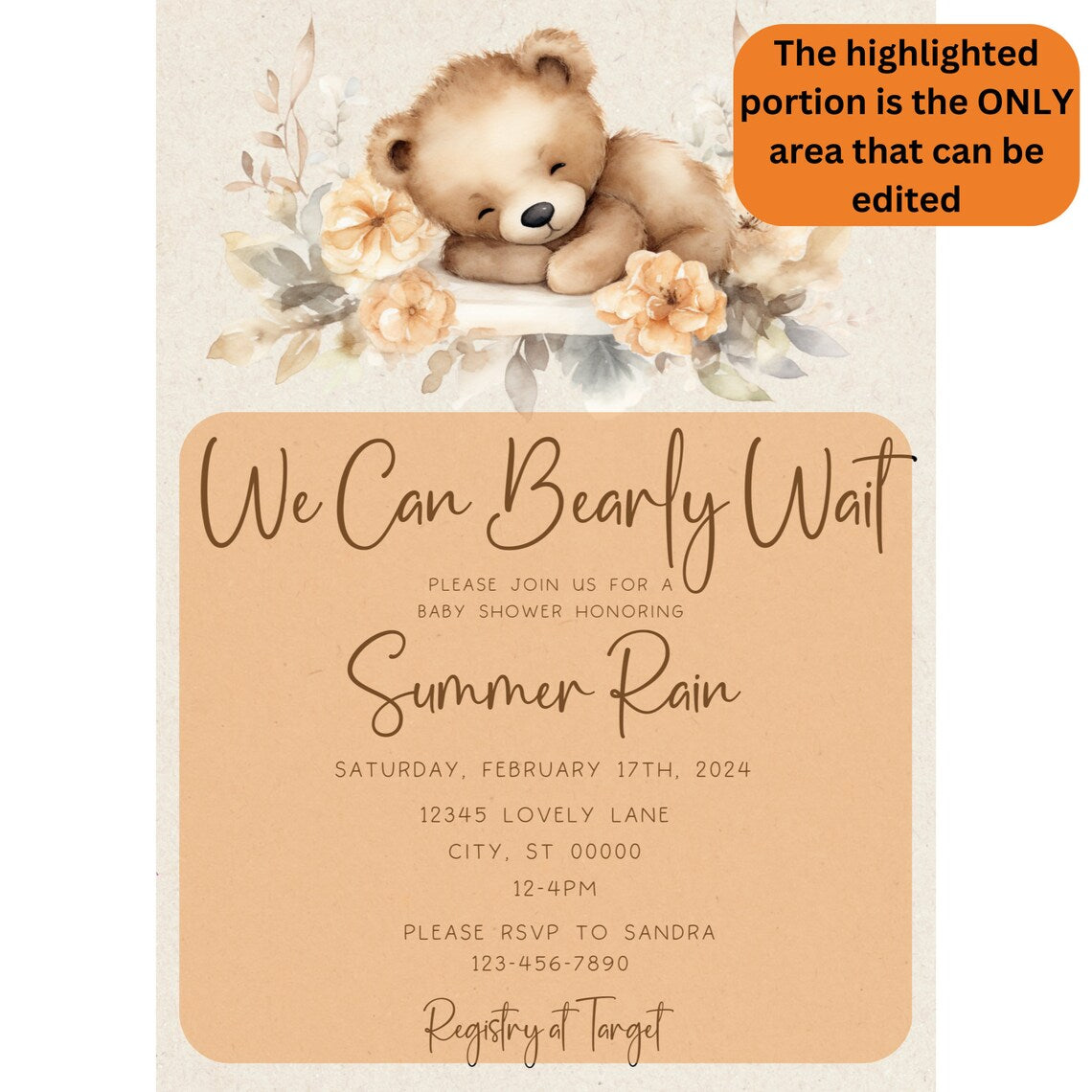 Baby Bear Girl Boho Theme Editable Invitation Template