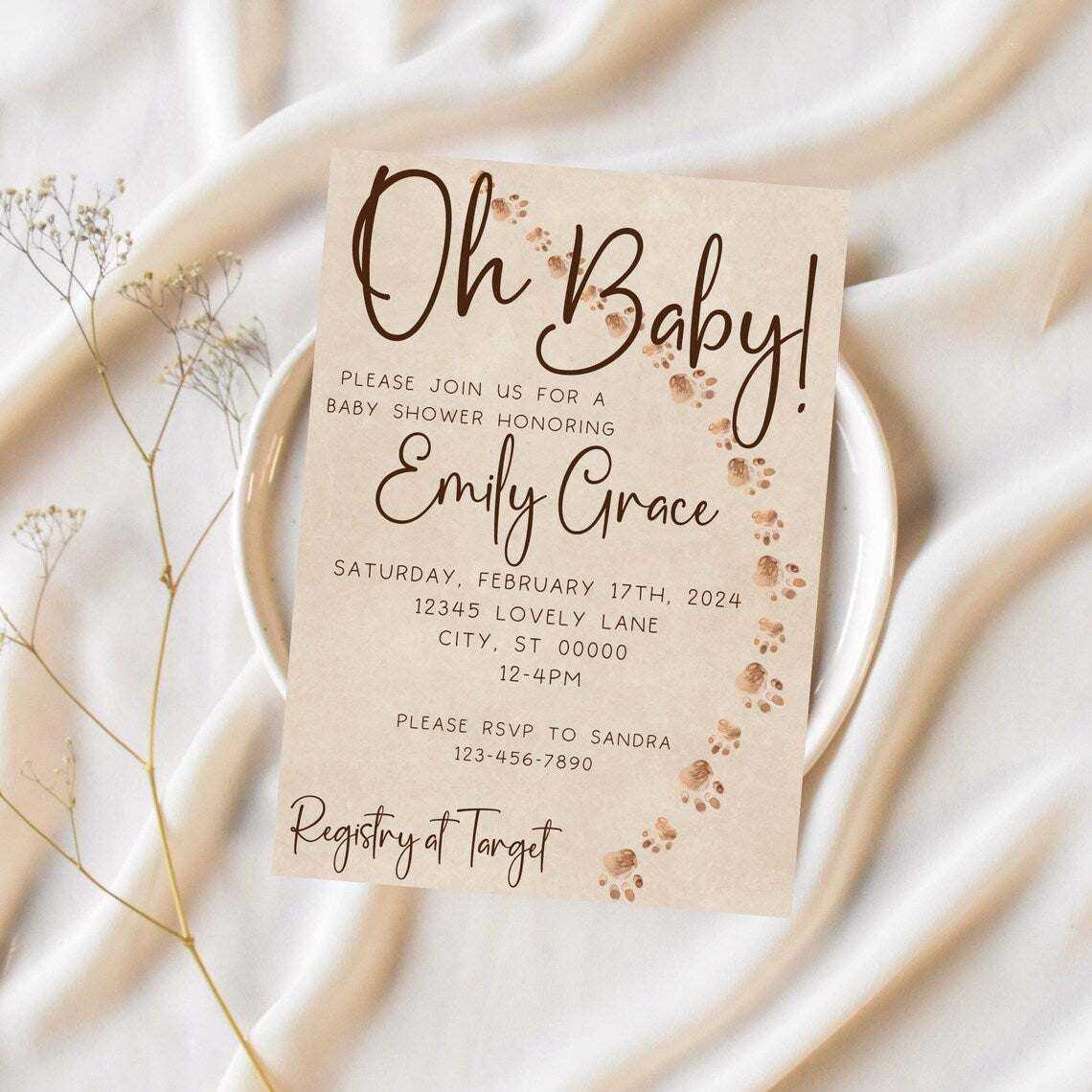 Oh Baby Animal Footprint Theme Editable Invitation Template