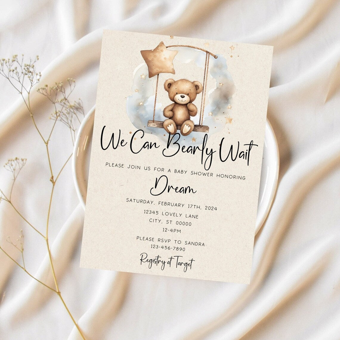 Baby Bear Gender Neutral Boho Theme Editable Invitation Template