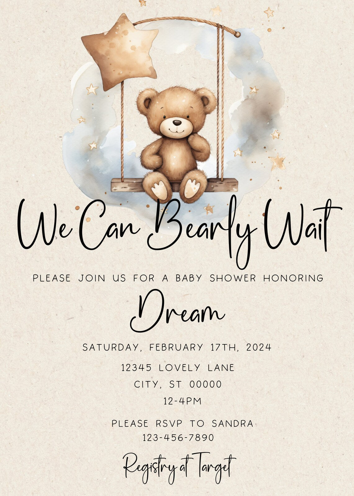 Baby Bear Gender Neutral Boho Theme Editable Invitation Template