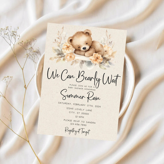 Baby Bear Girl Boho Theme Editable Invitation Template