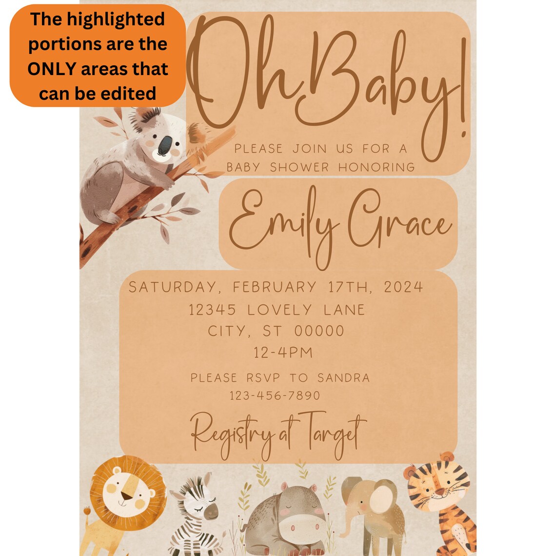 Oh Baby Safari Theme Editable Invitation Template