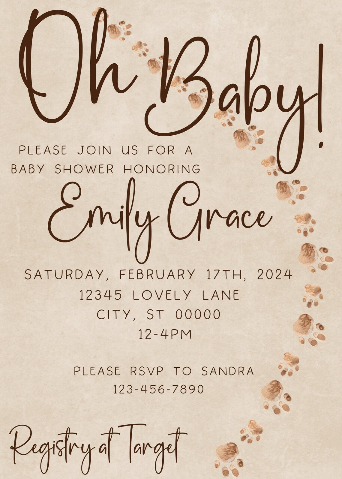 Oh Baby Animal Footprint Theme Editable Invitation Template