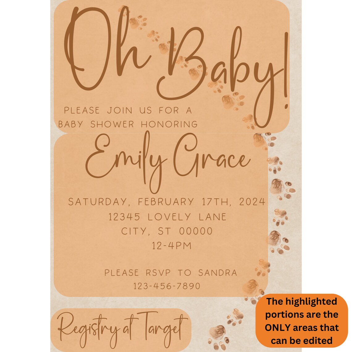 Oh Baby Animal Footprint Theme Editable Invitation Template