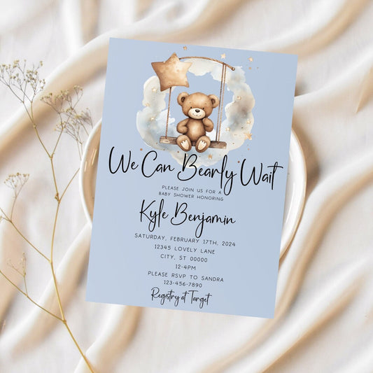 Baby Bear Boy Boho Theme Editable Invitation Template