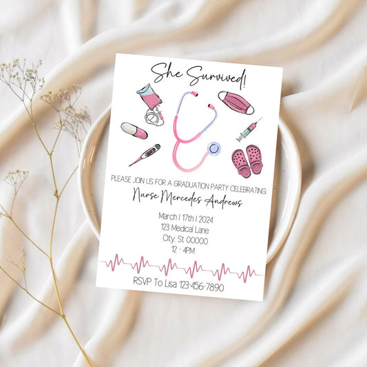 Pink Medical Background Graduation Editable Invitation Template