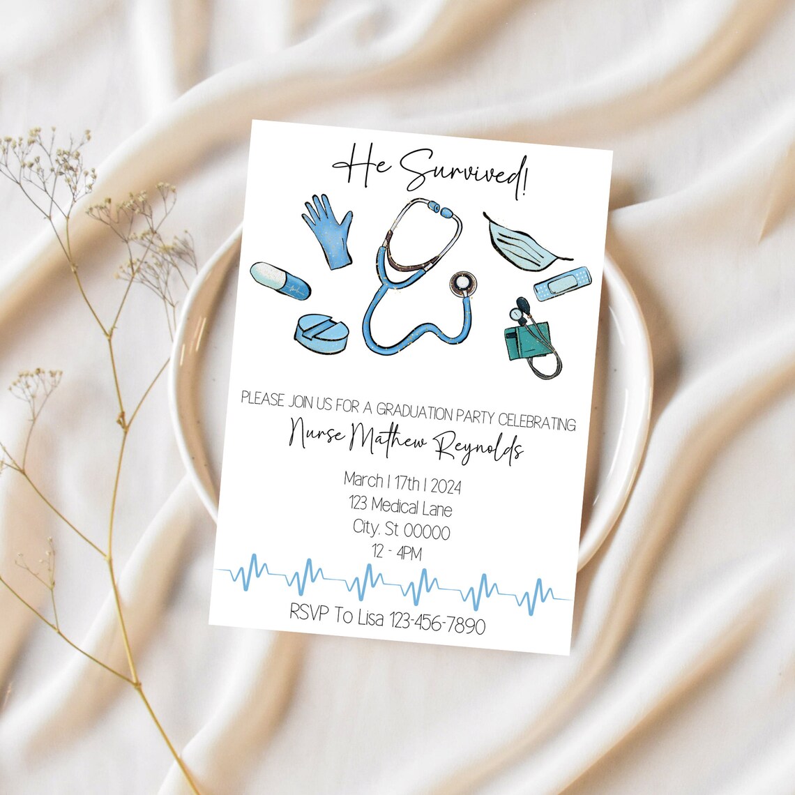 Blue Medical Background Graduation Editable Invitation Template