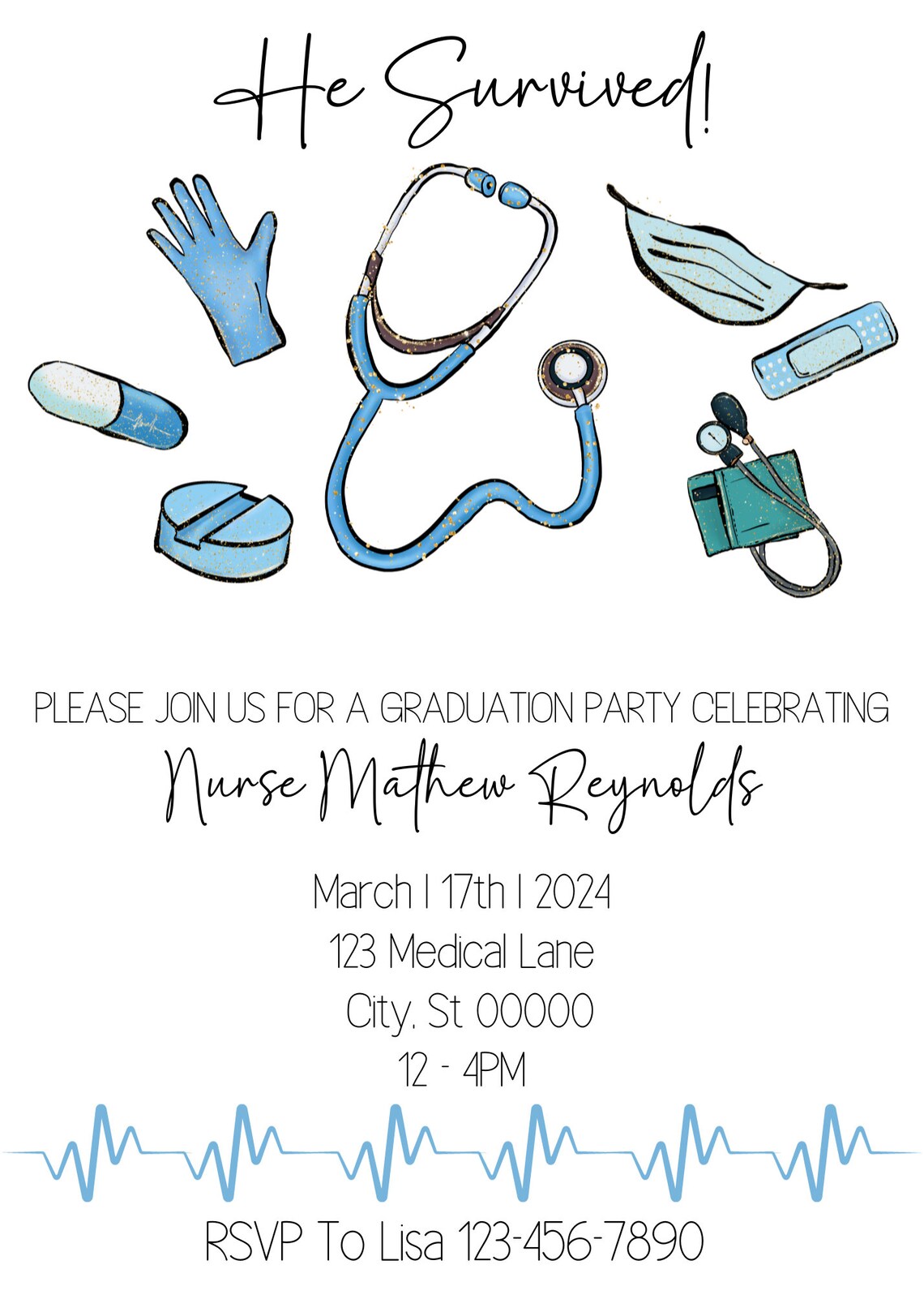 Blue Medical Background Graduation Editable Invitation Template